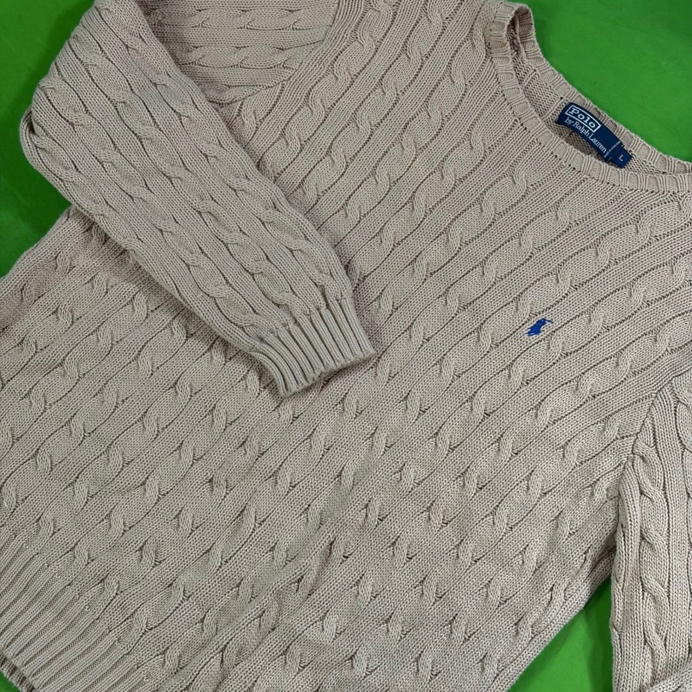 Polo Ralph Lauren Cable Knit Sweater Men L Tan Cotton Pony Logo Luxury Fisherman